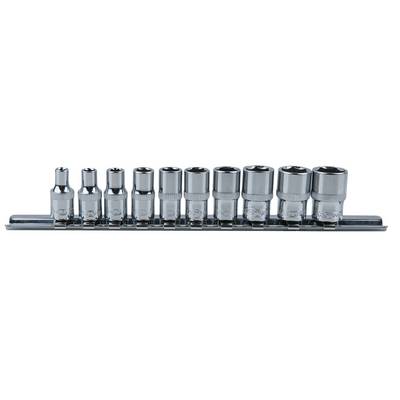 A set of socket nuts in various sizes neatly arranged on a holder, suitable for different screw-related tasks.