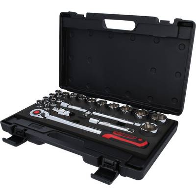 Toolkit with various socket wrenches and ratchet, opened on a flat surface. Suitable for mechanical work.