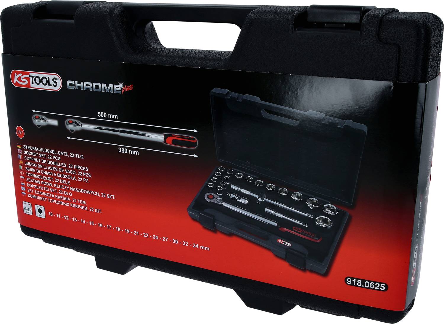 'KS Tools' tool case with a black housing and red label. Contains a socket wrench set and ratchets in various sizes.