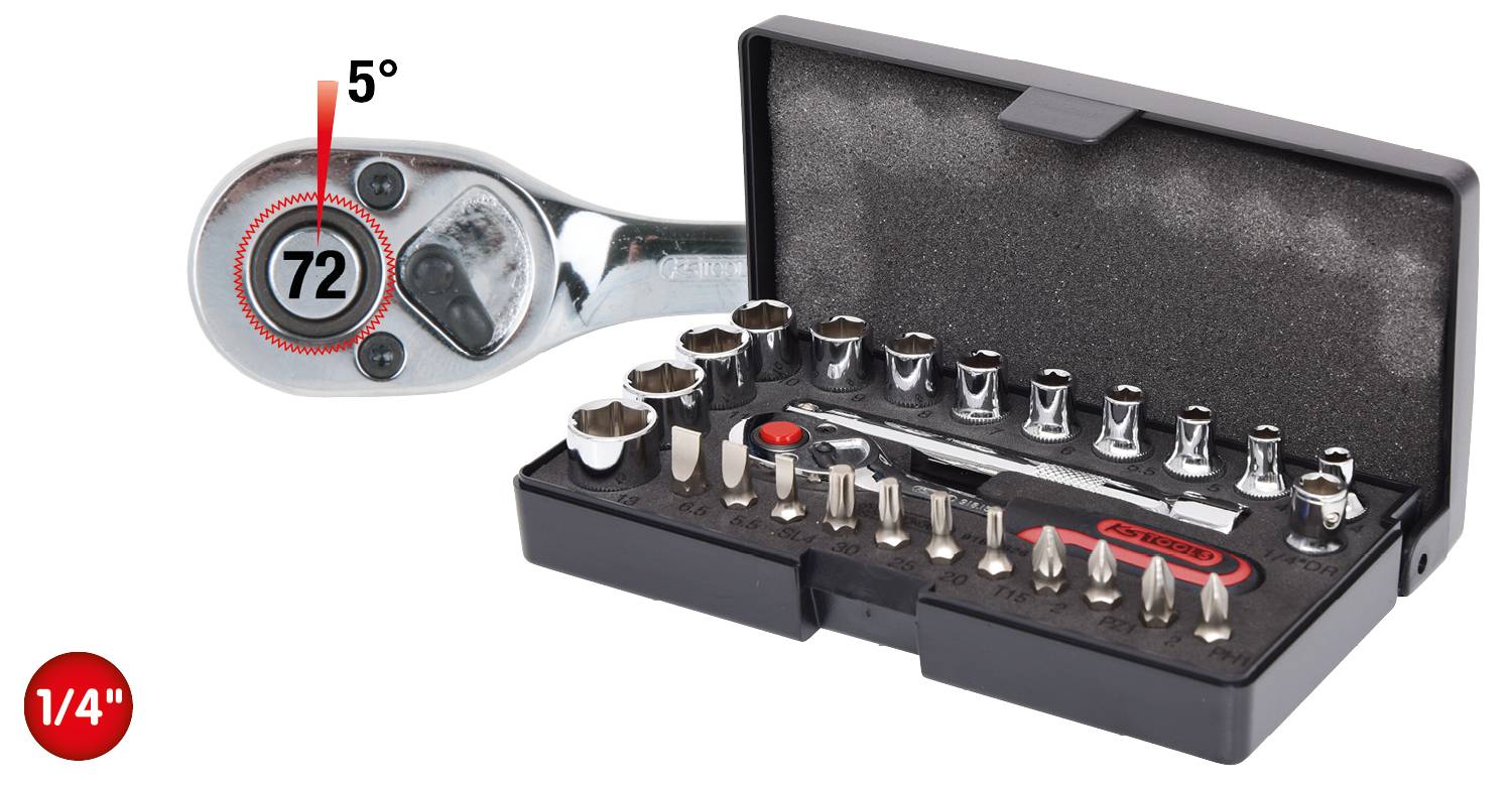 'Ratchet set with 72-tooth ratchet, demonstrates a 5° working angle; includes various nuts and bits in an open case.'