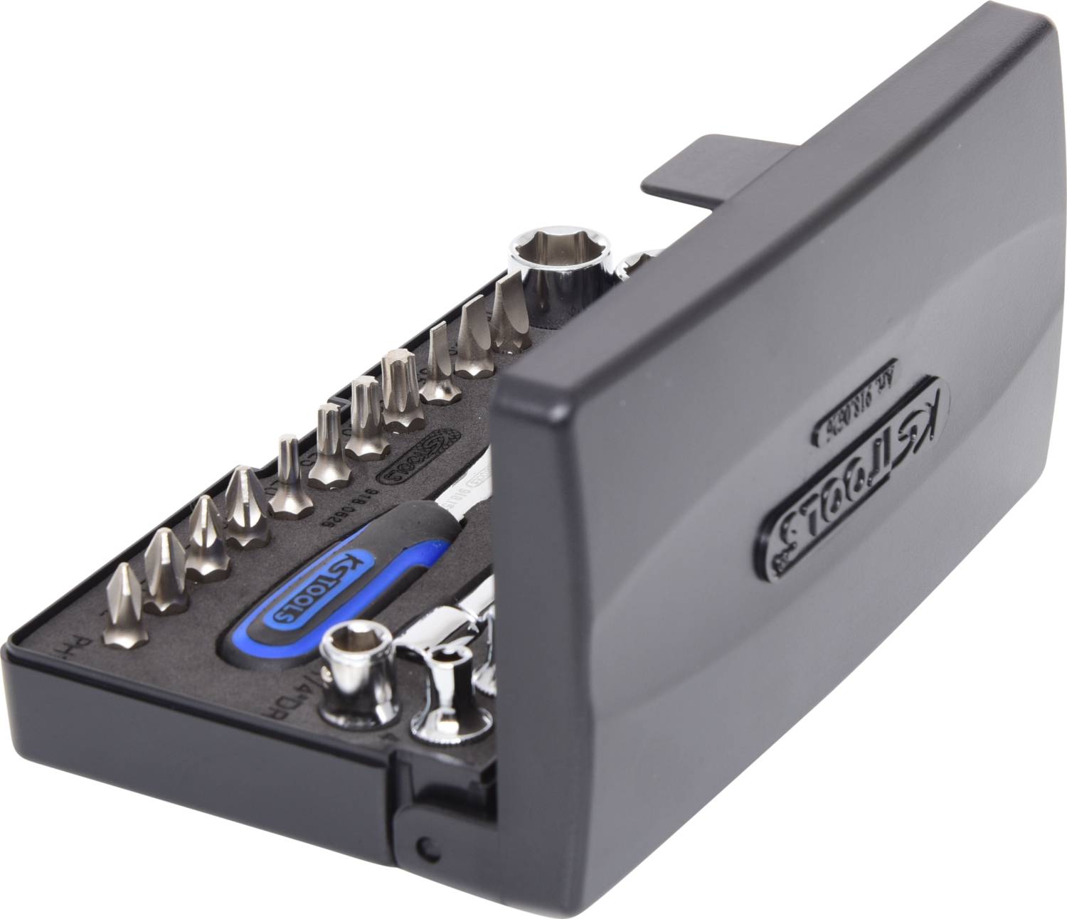 Small set of screwdriver bits and attachments in a compact plastic box. Ideal for repair and maintenance work.