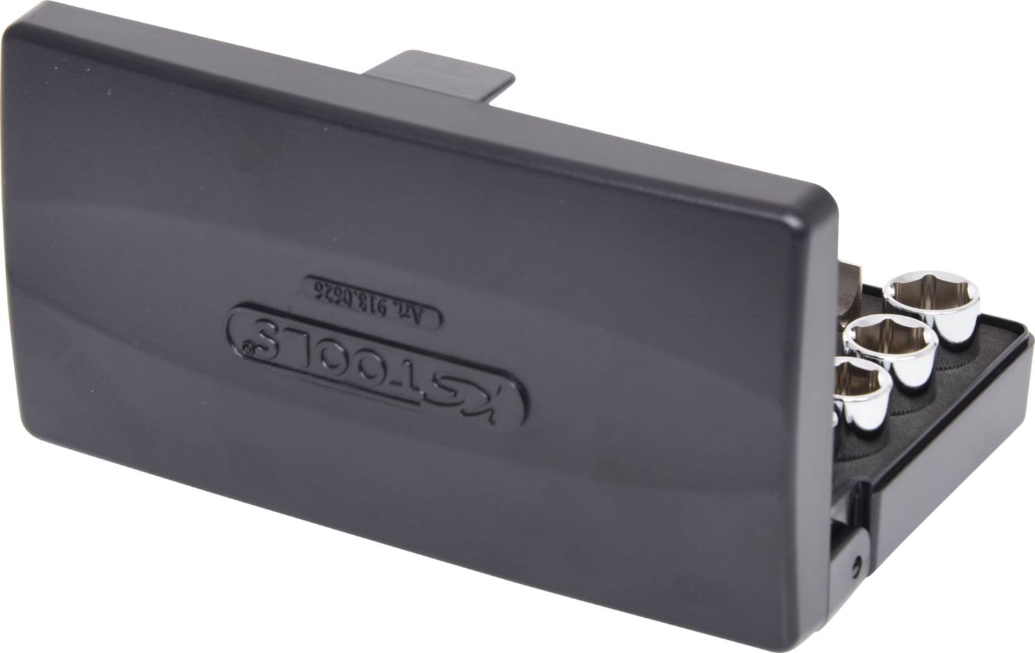 Black plastic cover with six integrated sockets of various sizes.