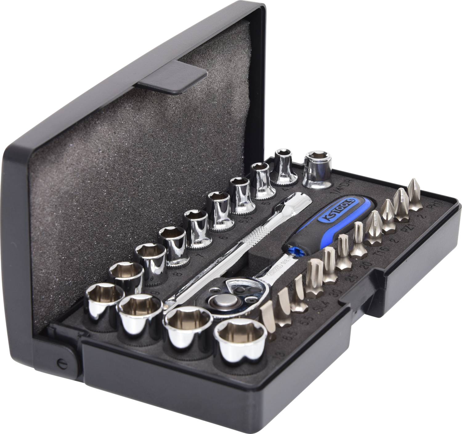 'Socket set in an open black case with various attachments and a ratchet tool, ideal for repairs.'