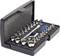 'Socket set in an open black case with various attachments and a ratchet tool, ideal for repairs.'
