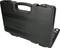 Black tool case with handle, partially open, revealing metal parts inside. Robust, with textured surface.