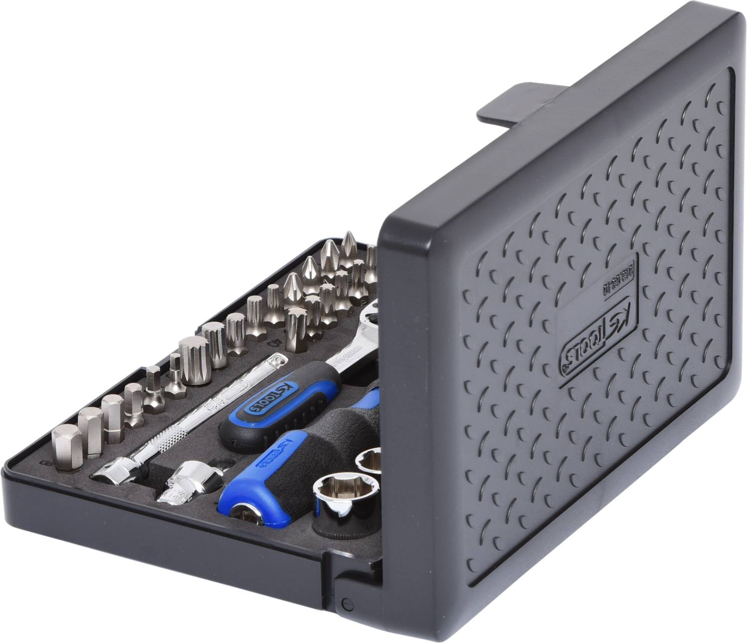 A tool set in an open black case. Includes bits, a ratchet and socket keys, arranged in foam.