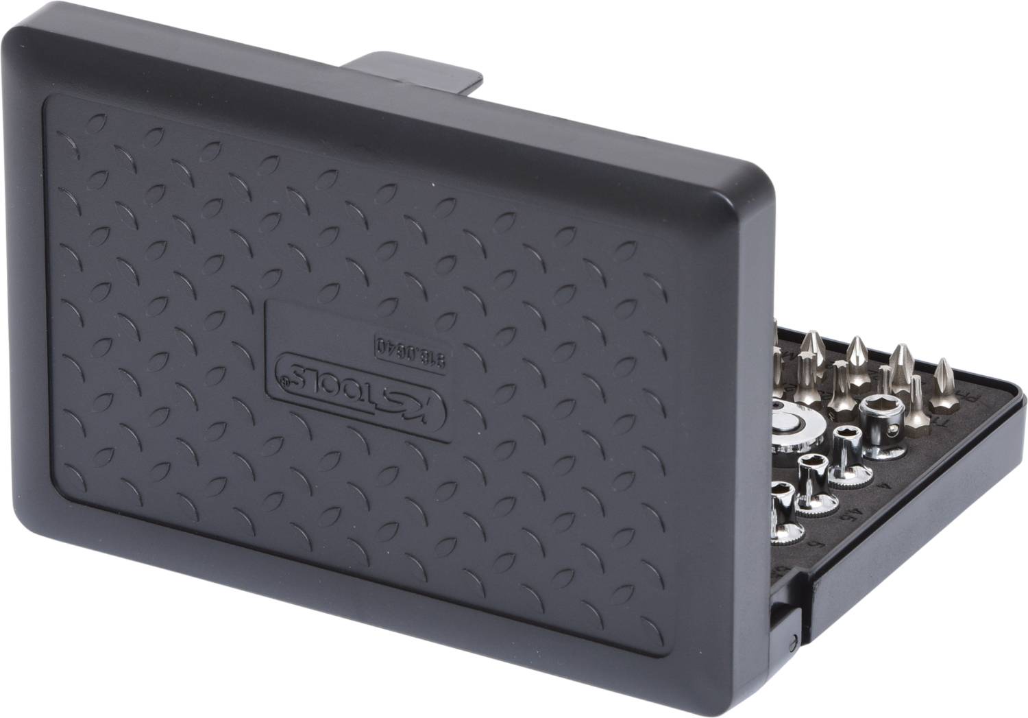 An open toolbox with various Allen keys and bits. The box is made of black plastic.