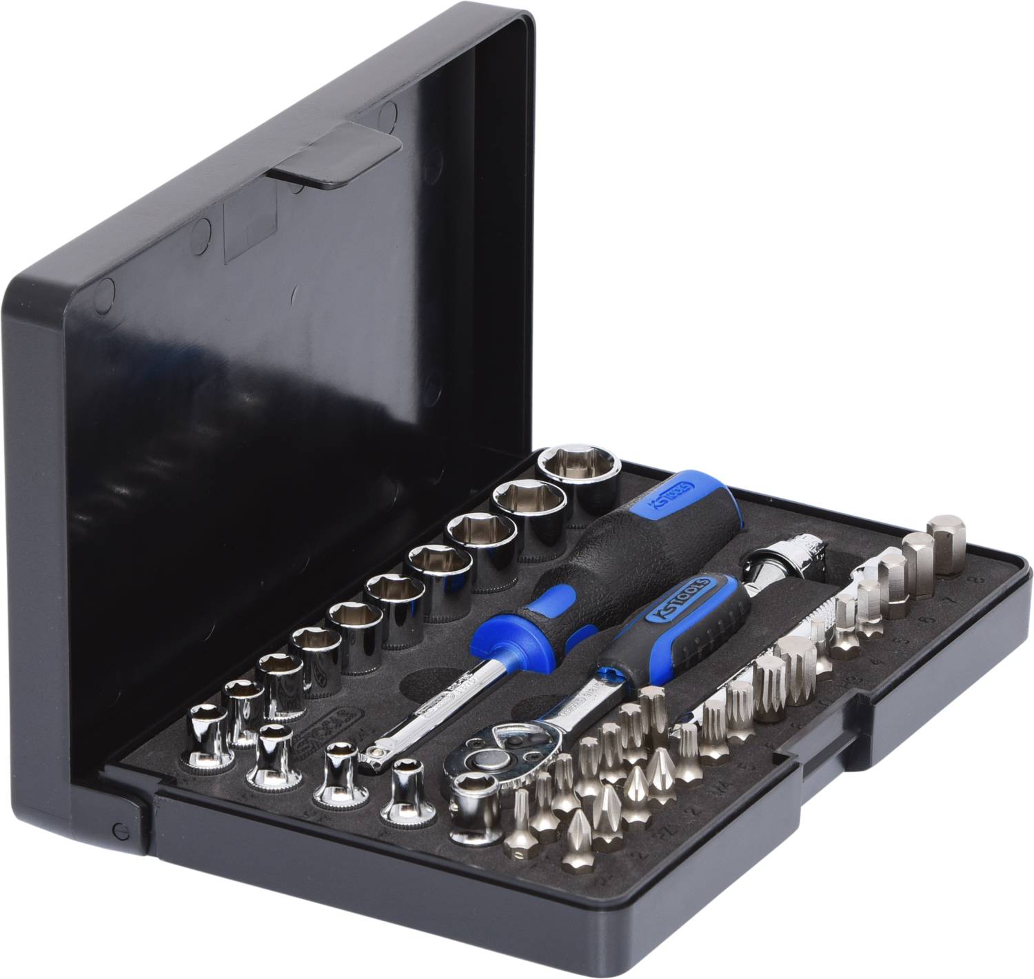 An open, black tool set with screwdrivers, nuts and bits in a plastic case.