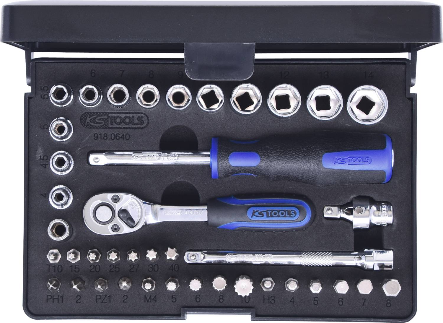 A ratchet socket set with screwdriver handle, various sockets and bits in a black plastic case.