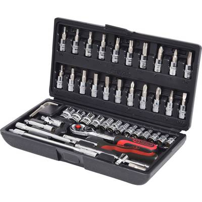 An open toolbox with socket wrenches, bits and a ratchet in various sizes, organised in compartments.