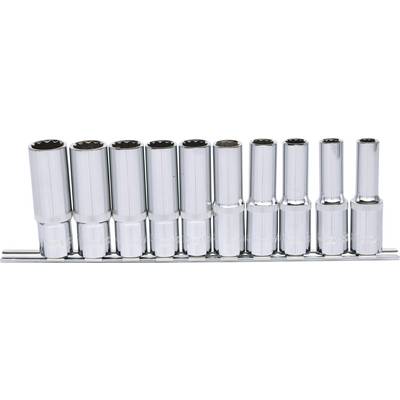A set of ten chrome-plated sockets in various sizes, arranged on a holder.