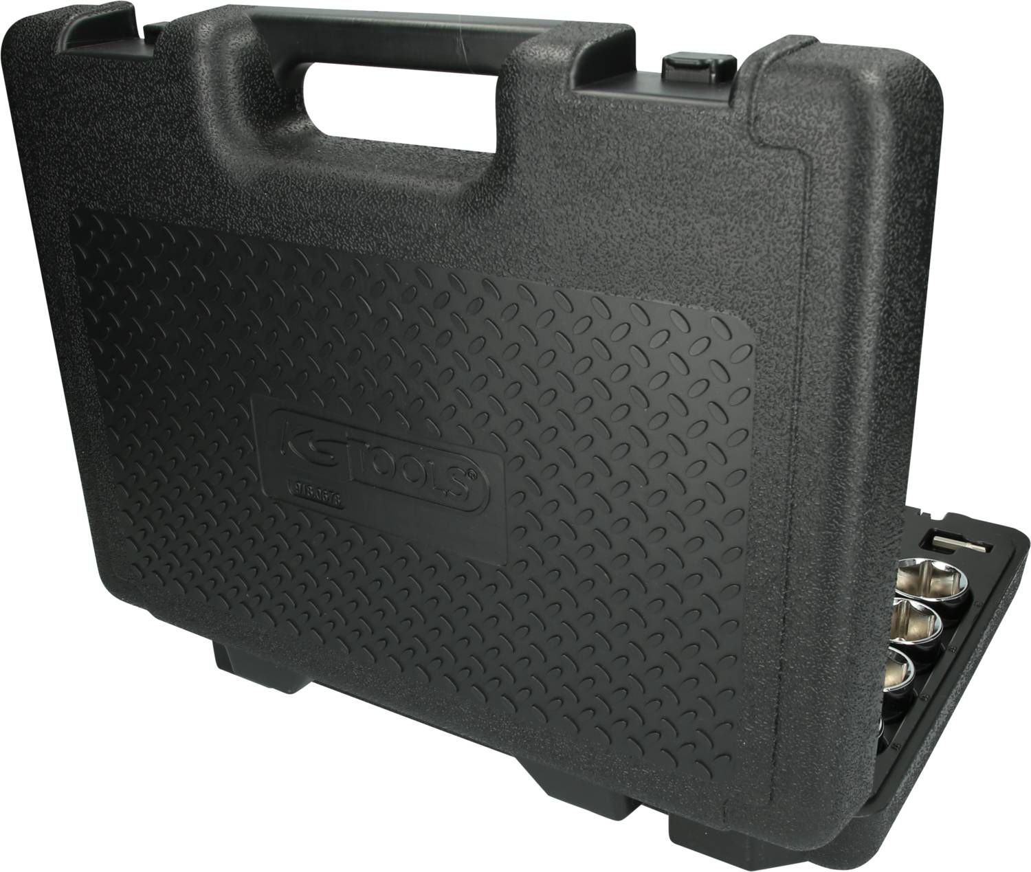 A black tool case with a handle, opened, reveals several socket wrench attachments.