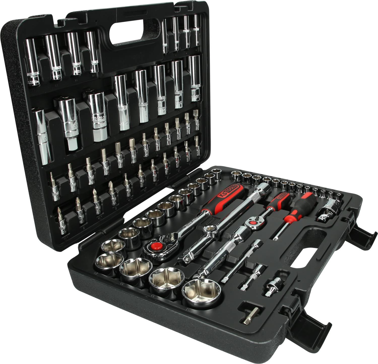 Open toolbox with various socket wrenches, ratchets, and extensions in organised compartments.