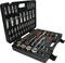 Open toolbox with various socket wrenches, ratchets, and extensions in organised compartments.