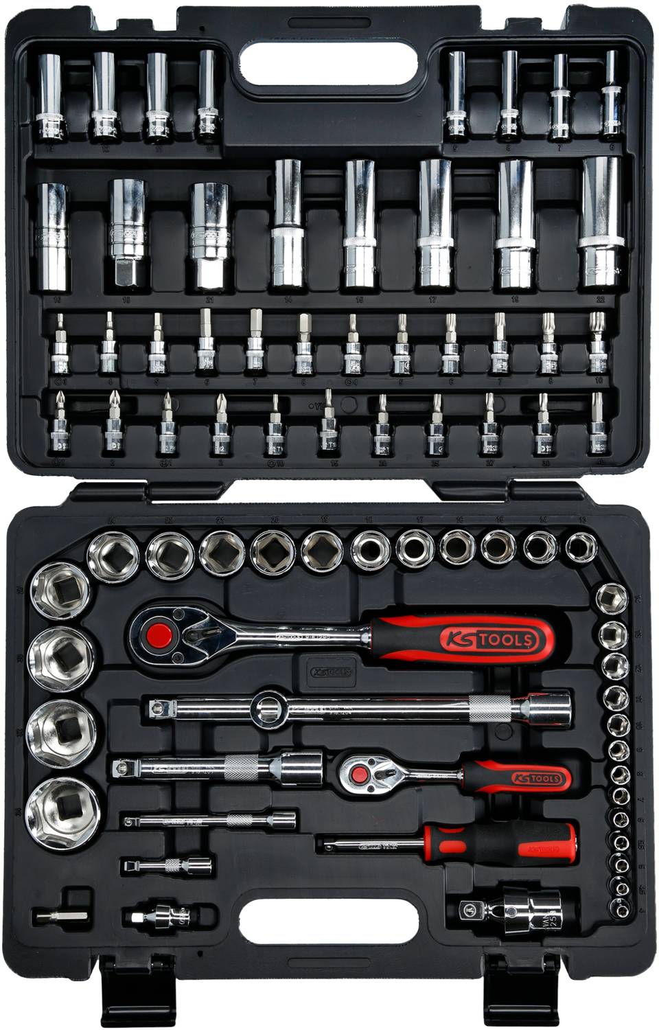 Tool case with various socket nuts, ratchets, and screwdrivers. Ideal for mechanical work and repairs.