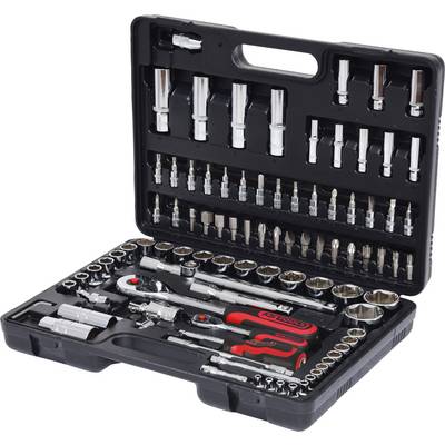 Black tool case with socket wrench sets, screwdrivers, and ratchets in various sizes and shapes.