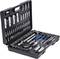 'Tool case with comprehensive assortment of spanners, sockets and bits in open position.'