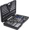 A tool case with a variety of spanners, socket wrenches and ratchets arranged in an orderly manner.