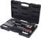 Black suitcase with a complete tool set, including socket wrenches, screwdriver bits and a ratchet, all neatly arranged.