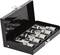 Open black metal box with nine socket nuts in various sizes, neatly arranged side by side for mechanical work.