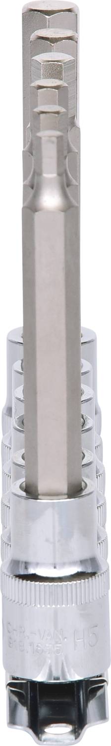 A silver tool attachment, probably a drill or screwdriver bit, with a knurled handle and a long, hexagonal shaft.