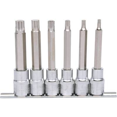 Six different spanner socket attachments lined up, standing in a holder. Each attachment has different shapes and sizes.