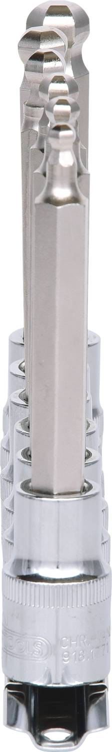 A set of hexagonal bits in various sizes, stacked on top of each other, made of shiny metal. Ideal for mechanical work.