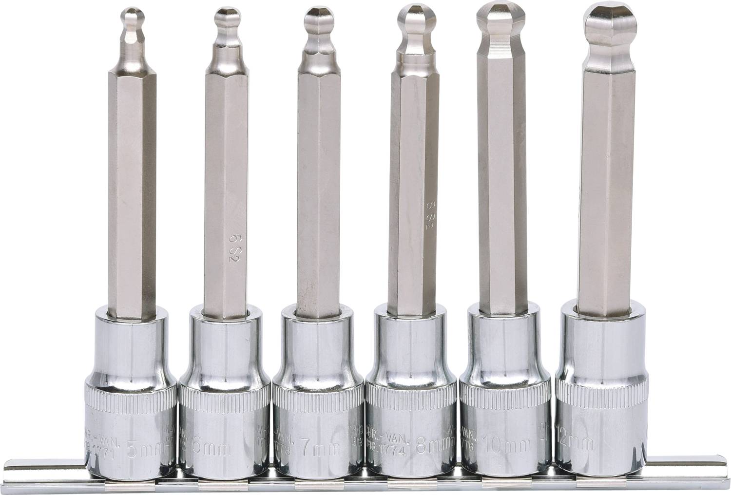 Six Allen keys in various sizes in a holder. Chrome-finished surface, suitable for precise screw work.