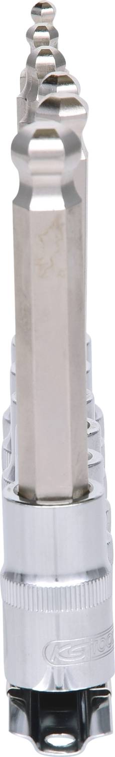 A set of hexagonal Allen keys in various sizes, stacked on top of each other, standing upright. Primary colour: silver.