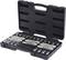 An open black tool case with various metal drill bits organised in custom compartments.