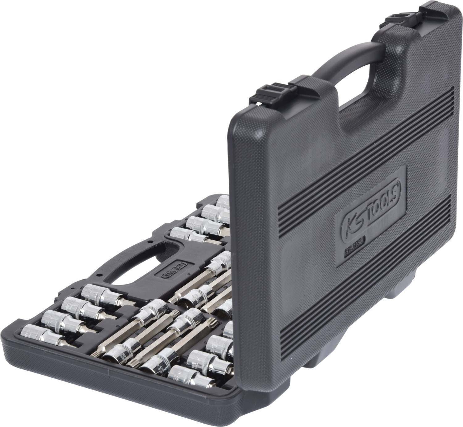 A black tool case with an open lid displays various sockets and extensions, neatly sorted.