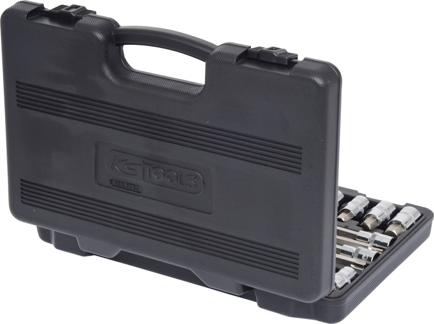 Black plastic tool case, partially open, with various socket wrenches visible inside.