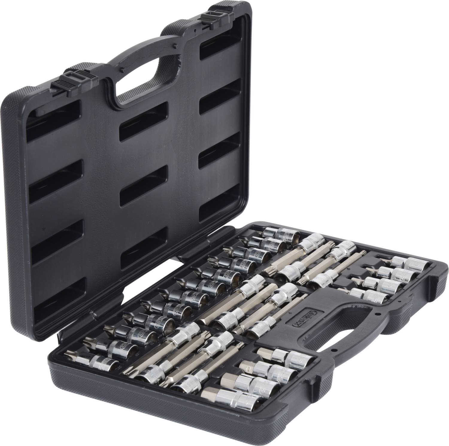 Black tool case with open lid, displaying a set of various spanners and sockets, neatly arranged.