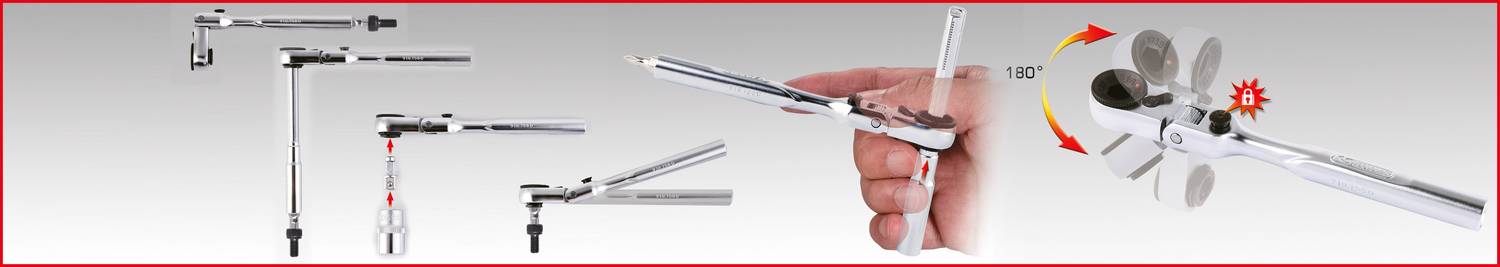 Three adjustable lever arms, one hand demonstrating the swivel mechanism with a 180-degree rotation angle and a locking mechanism.