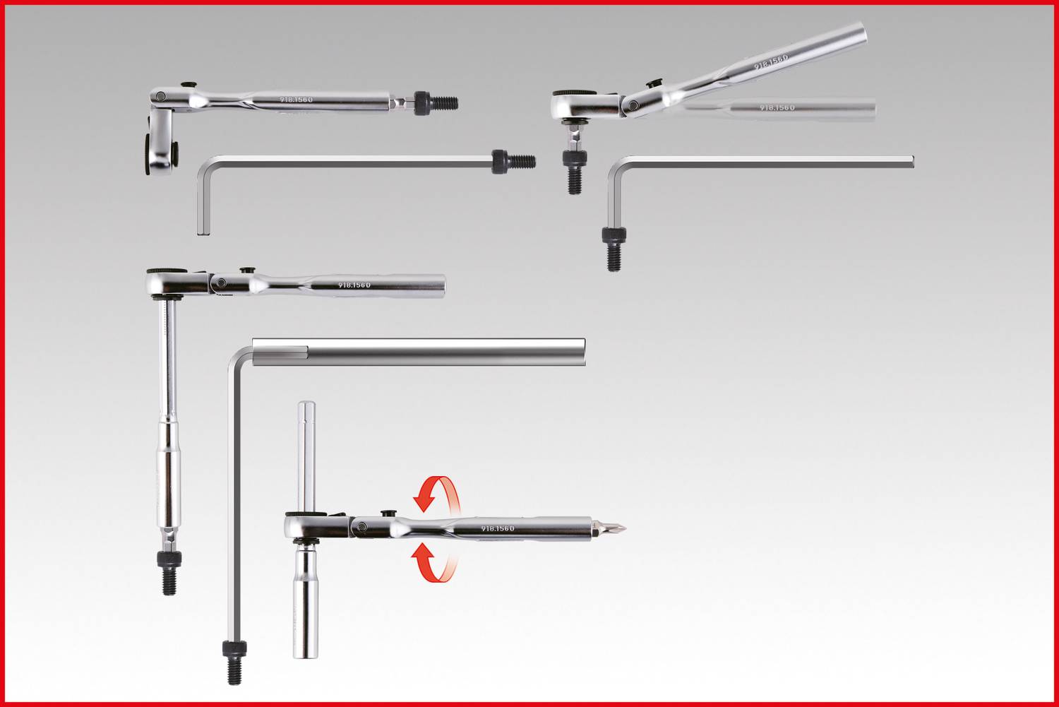 An adjustable mechanical tool with levers and axis in various positions, shown against a neutral background.