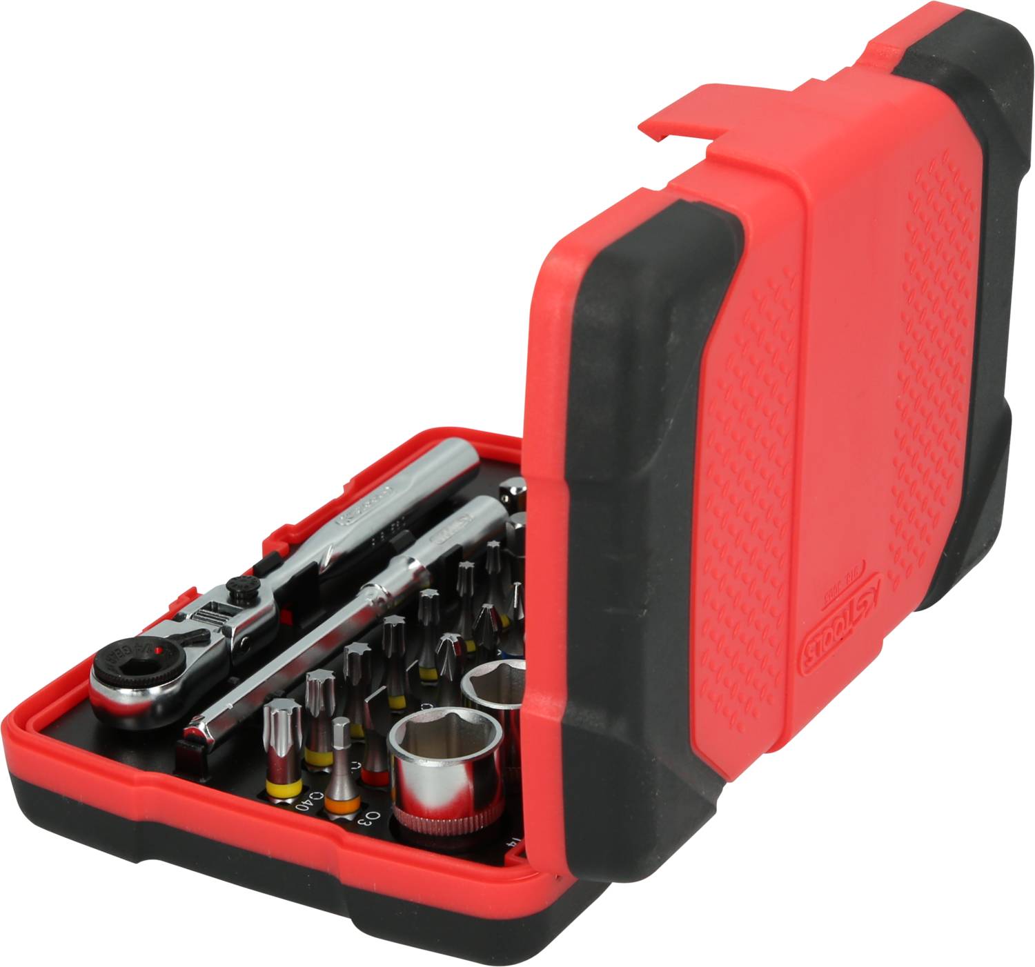 An opened red tool set with a ratchet, socket wrenches, and bits, suitable for repairs and assemblies.