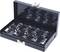 A set of seven toggle switches in a black metal enclosure with an open lid, ready for use.