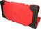Red tool case with black edging and embossed pattern. Contains various tools, visible from the open side.