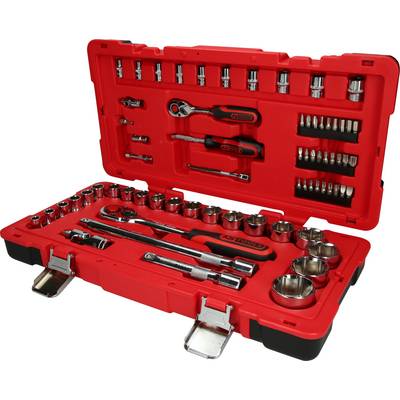 Red tool case with open compartments, containing various socket wrenches, ratchets, and bits in an organised arrangement.