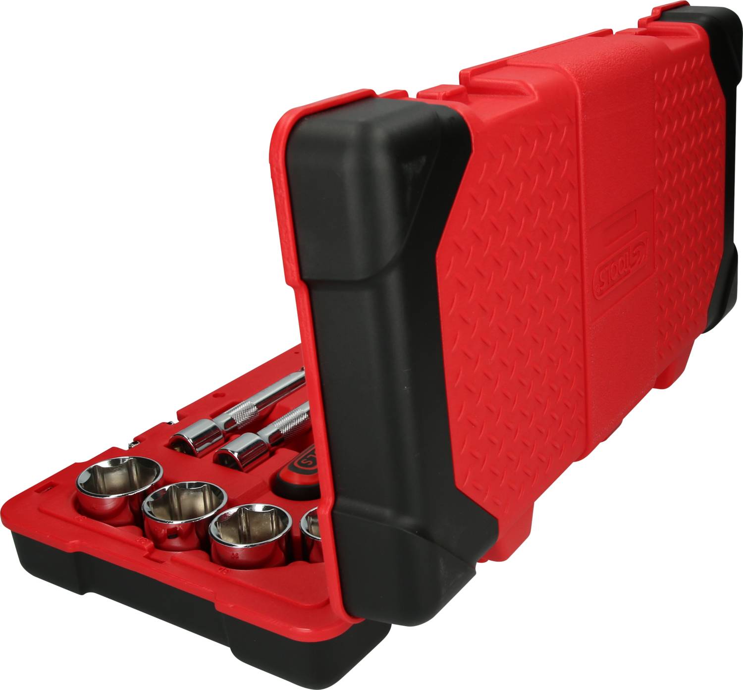 Red tool case with black accents, partially open. Inside are socket key inserts and extension parts.