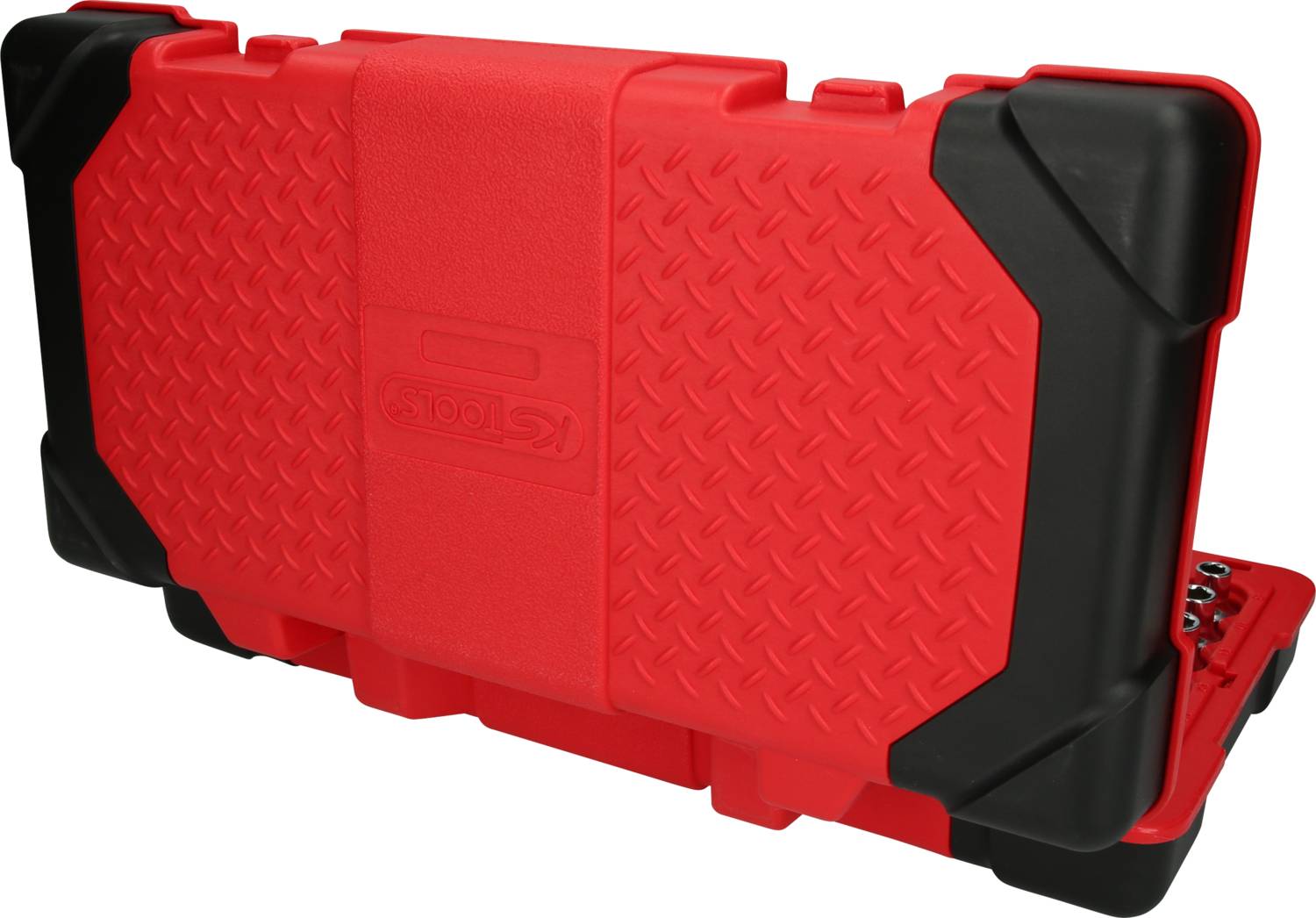 Red tool case with a black border and non-slip pattern, closed, with partially opened interior showing tools.