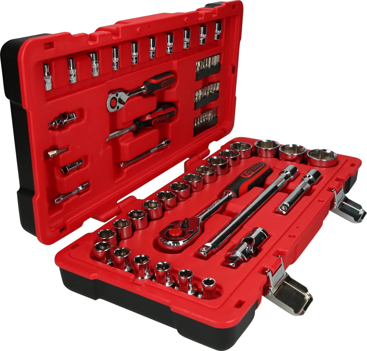 Open tool kit with ratchet, socket set and accessories, arranged on a red background.