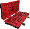 Open tool kit with ratchet, socket set and accessories, arranged on a red background.
