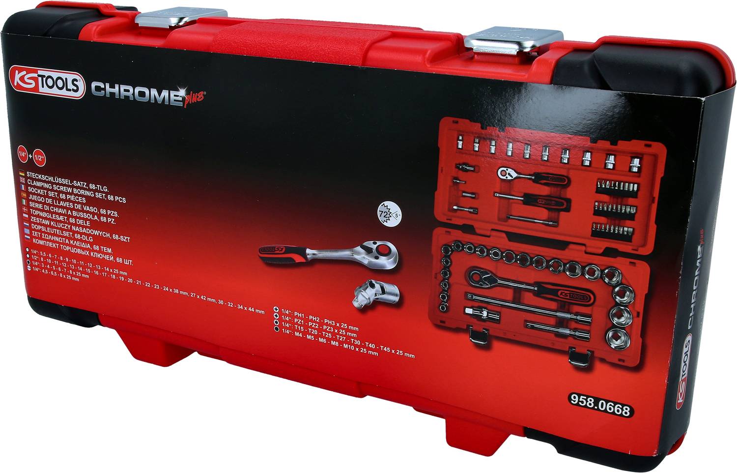 A red tool case from KS Tools containing various socket wrenches and a ratchet. Label displays tool contents and part number.