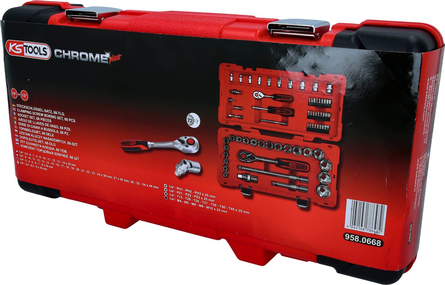 KS Tools toolbox, red, with illustration of contents: various socket wrenches, ratchet and accessories.