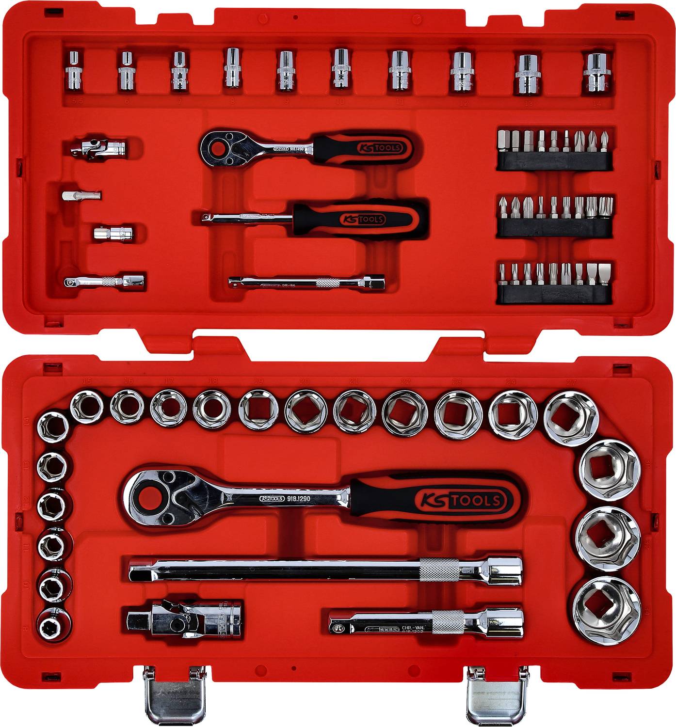 A red toolbox with various socket keys, ratchets, and extensions, neatly organised in compartments.