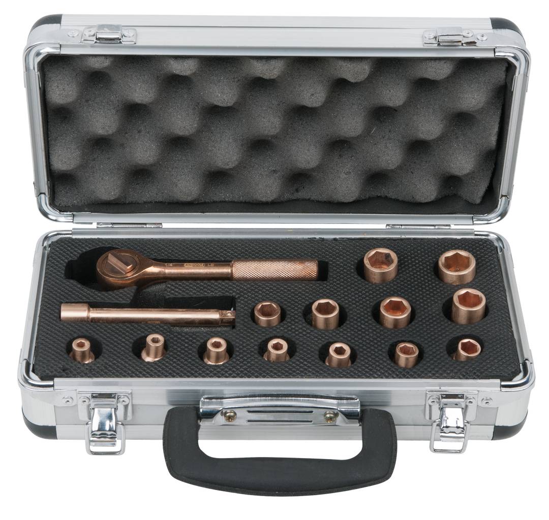 An open tool case with various copper tool attachments. Included are socket wrenches in different sizes.