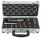 An open tool case with various copper tool attachments. Included are socket wrenches in different sizes.