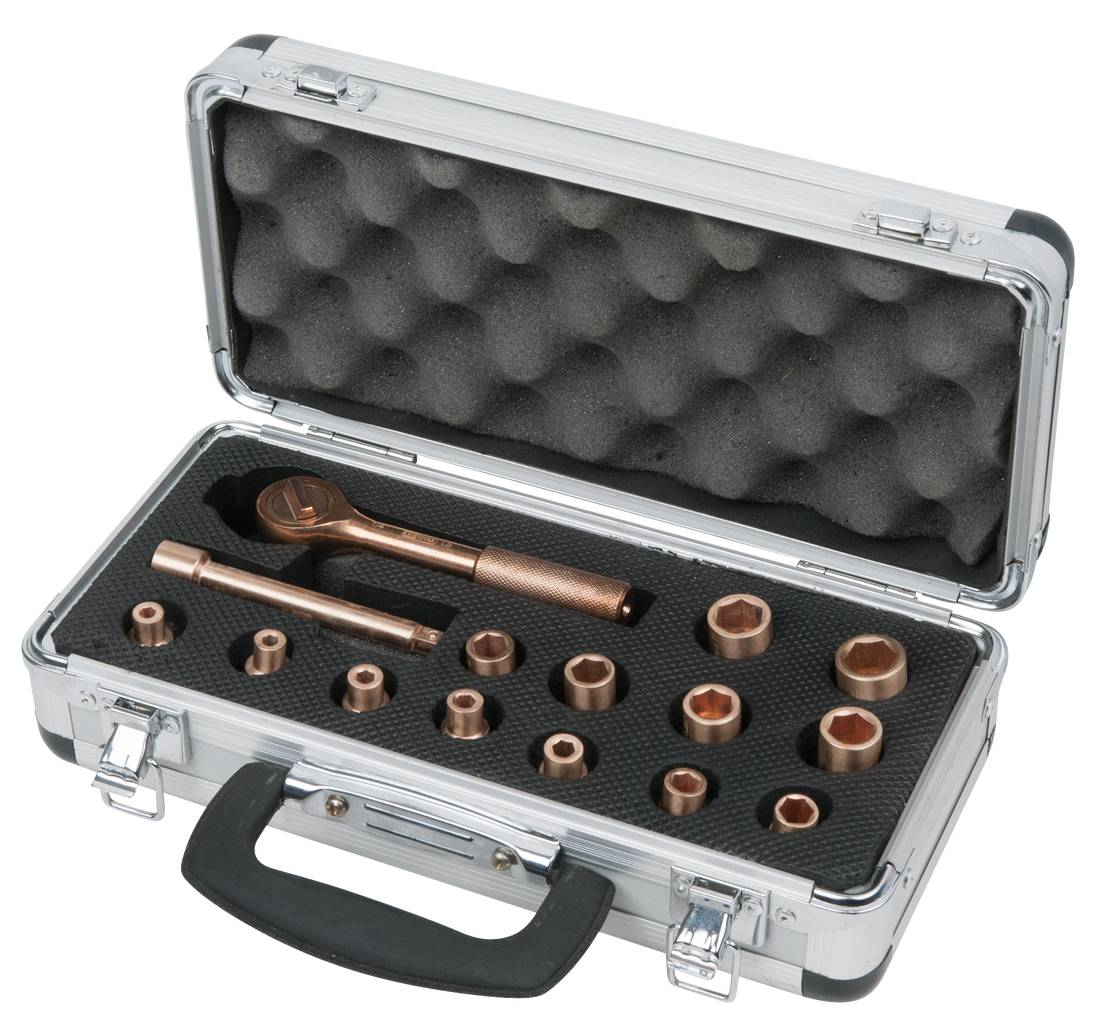 An open suitcase containing a socket wrench set with a ratchet, extension bar and several socket attachments in various sizes.