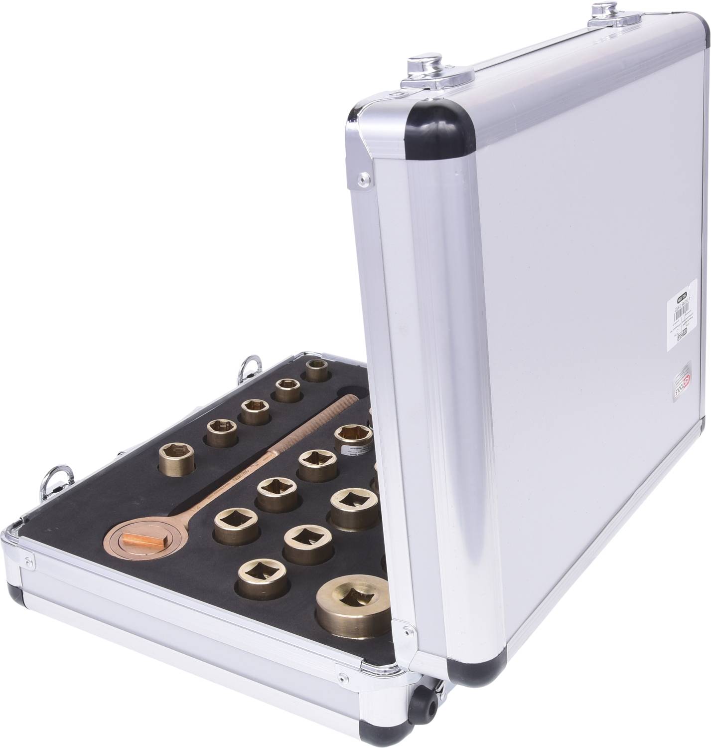 Open silver toolbox with various spanners and socket wrench inserts. Tools are neatly arranged.